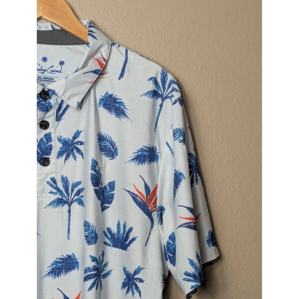 Sunday Crew Polo Shirt Mens XL White Blue Tropical Palm Bird of Paradise UPF 50+